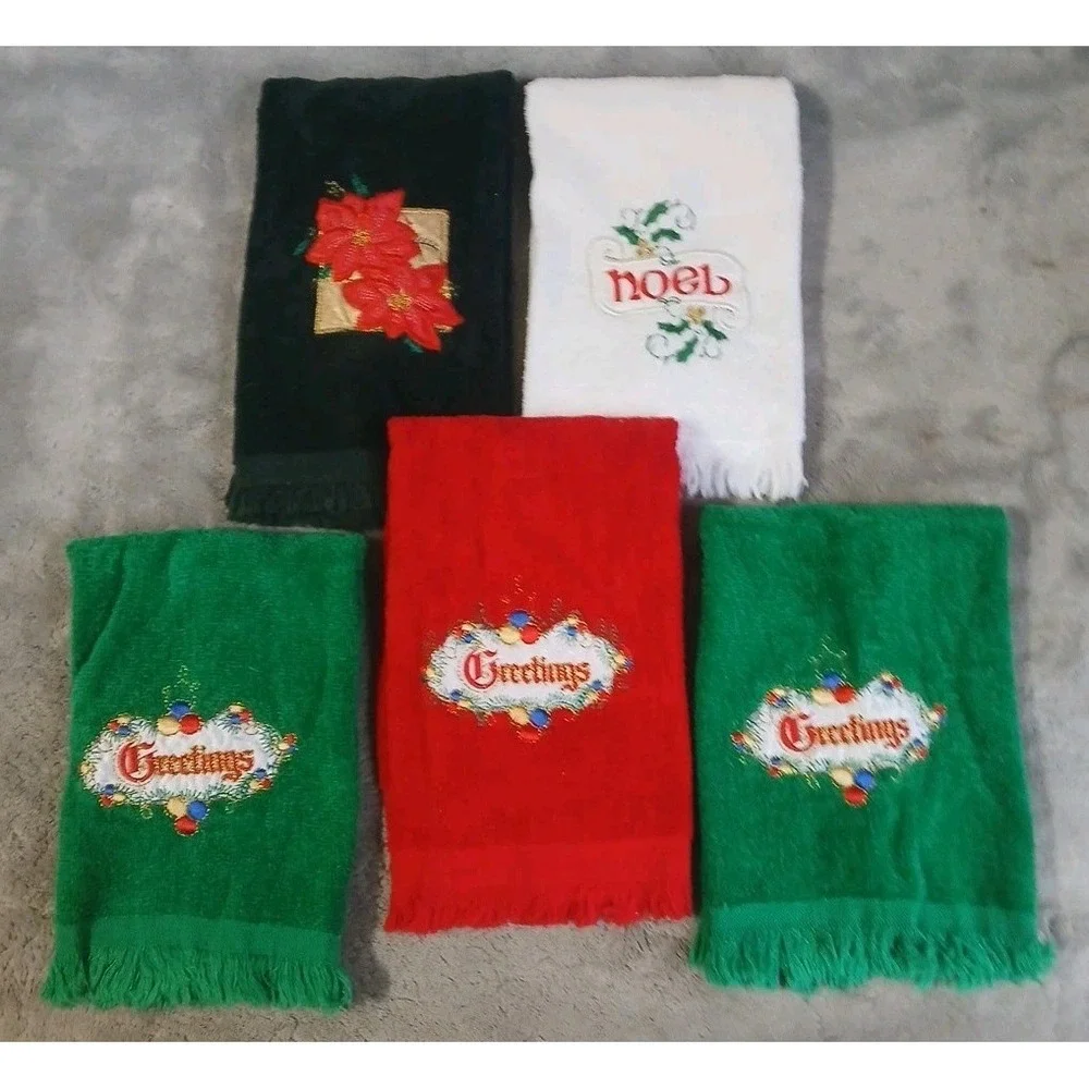Vtg 5 Christmas Guest Towels Terry Embroidered Greetings Noel‎ Poinsettia READ